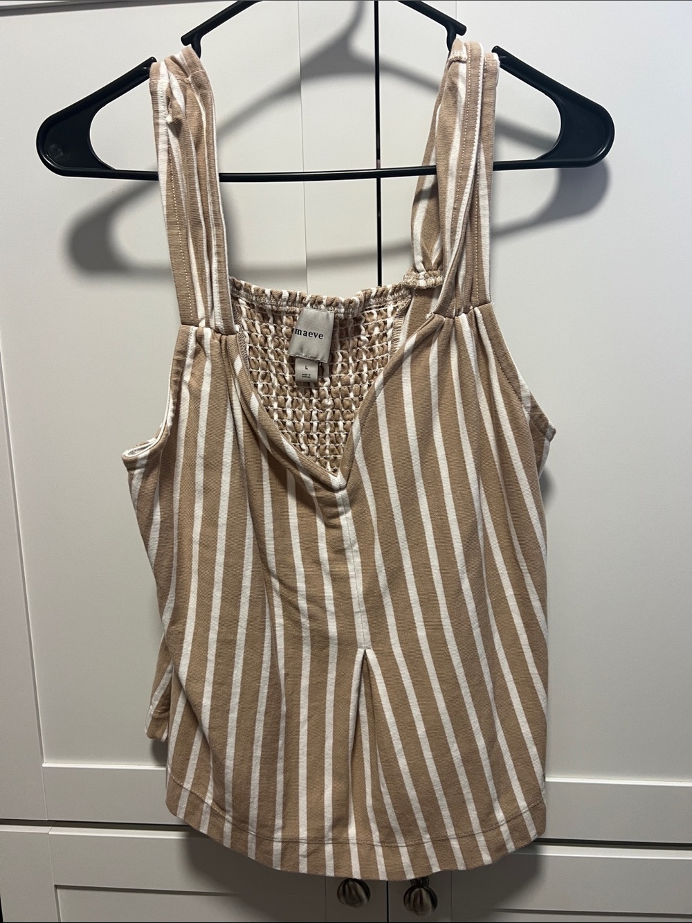 Maeve Beige and White Striped Smocked-Back Tank